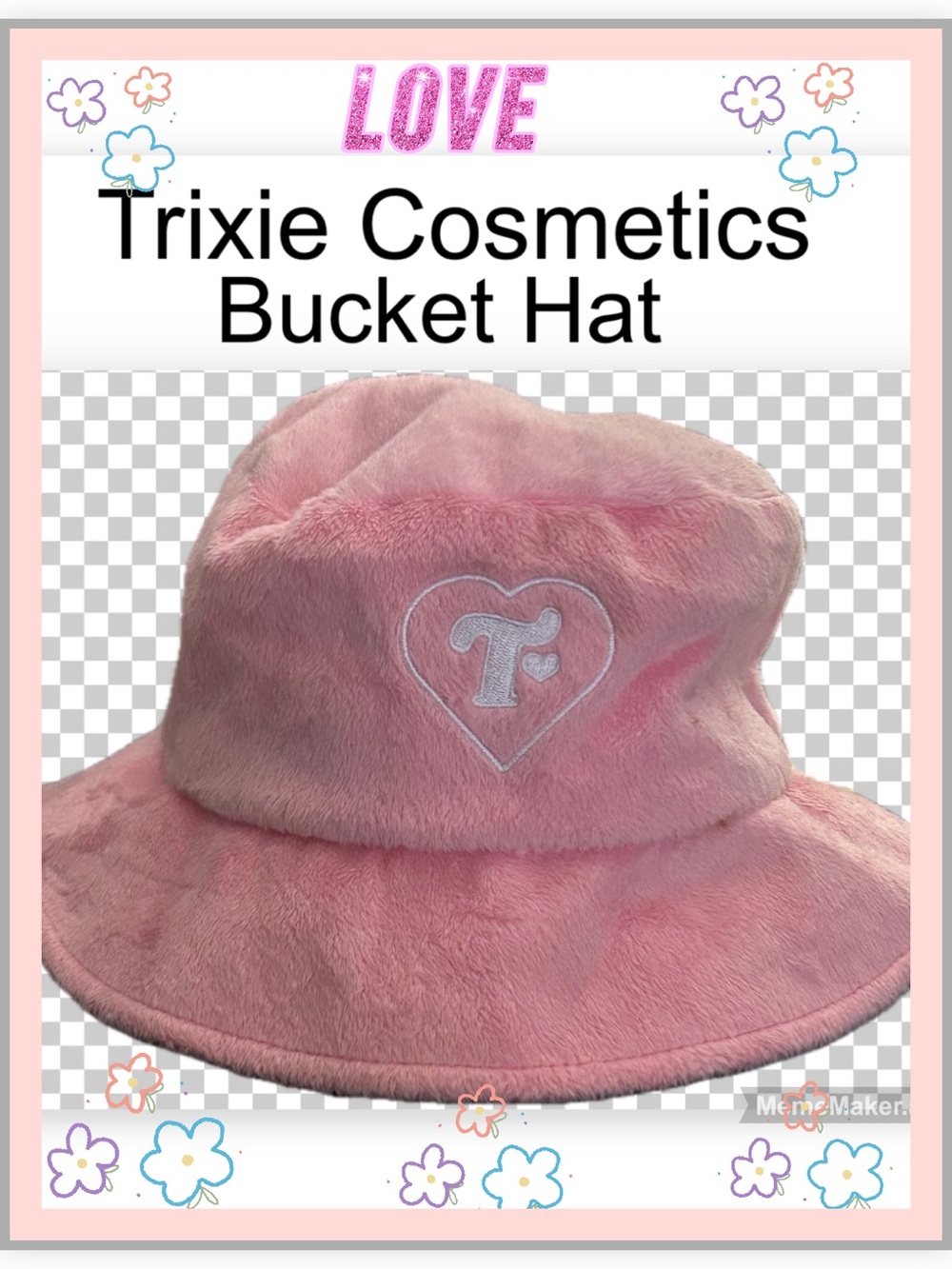 Trixie Cosmetics Plush Pink Bucket Hat with Embroidered Heart